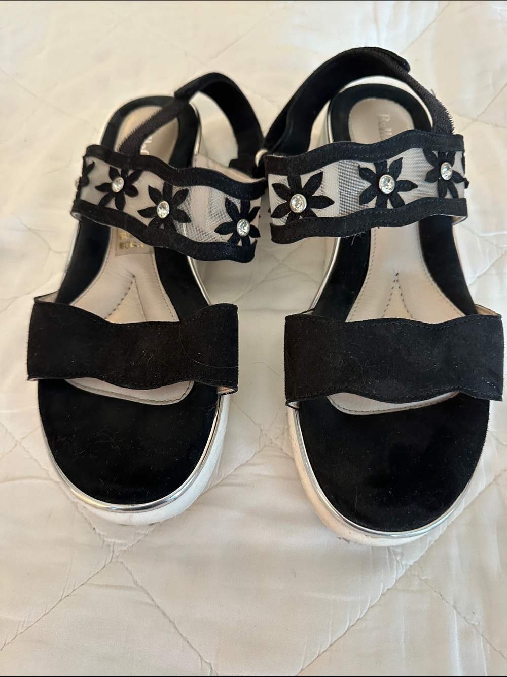 Black Floral Mesh Rhinestone Platform Sandals